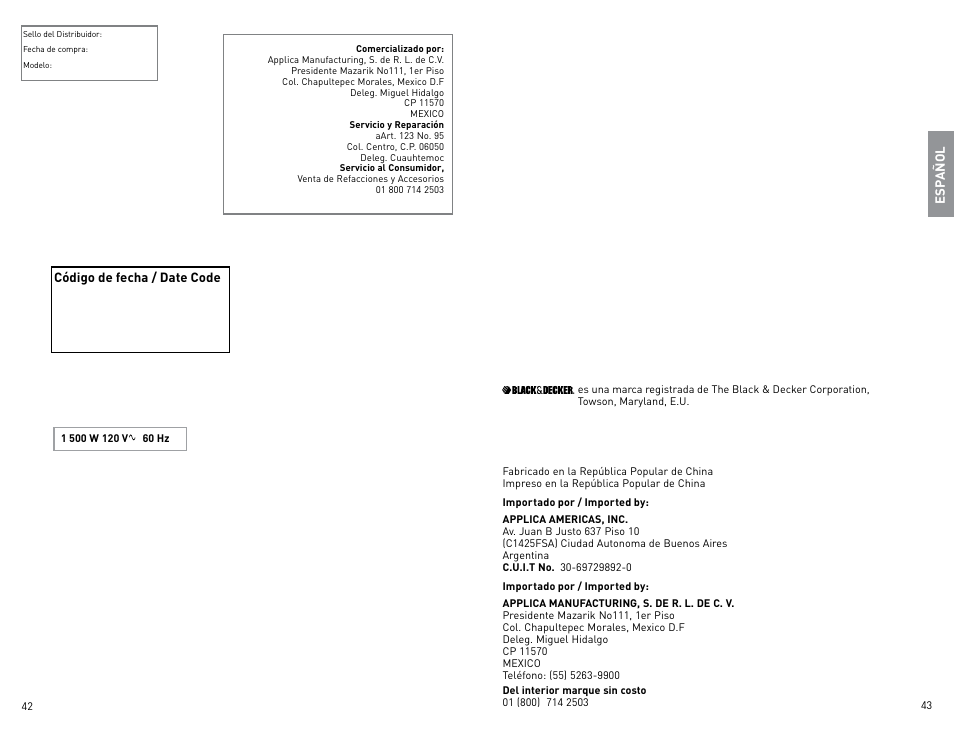 Código de fecha / date code | Black & Decker CTO800 User Manual | Page 22 / 23