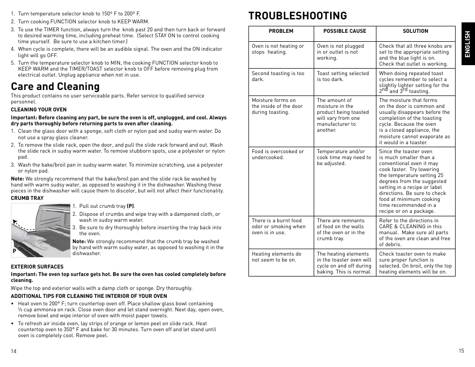 Care and cleaning, Troubleshooting | Black & Decker CTO800 User Manual | Page 8 / 23