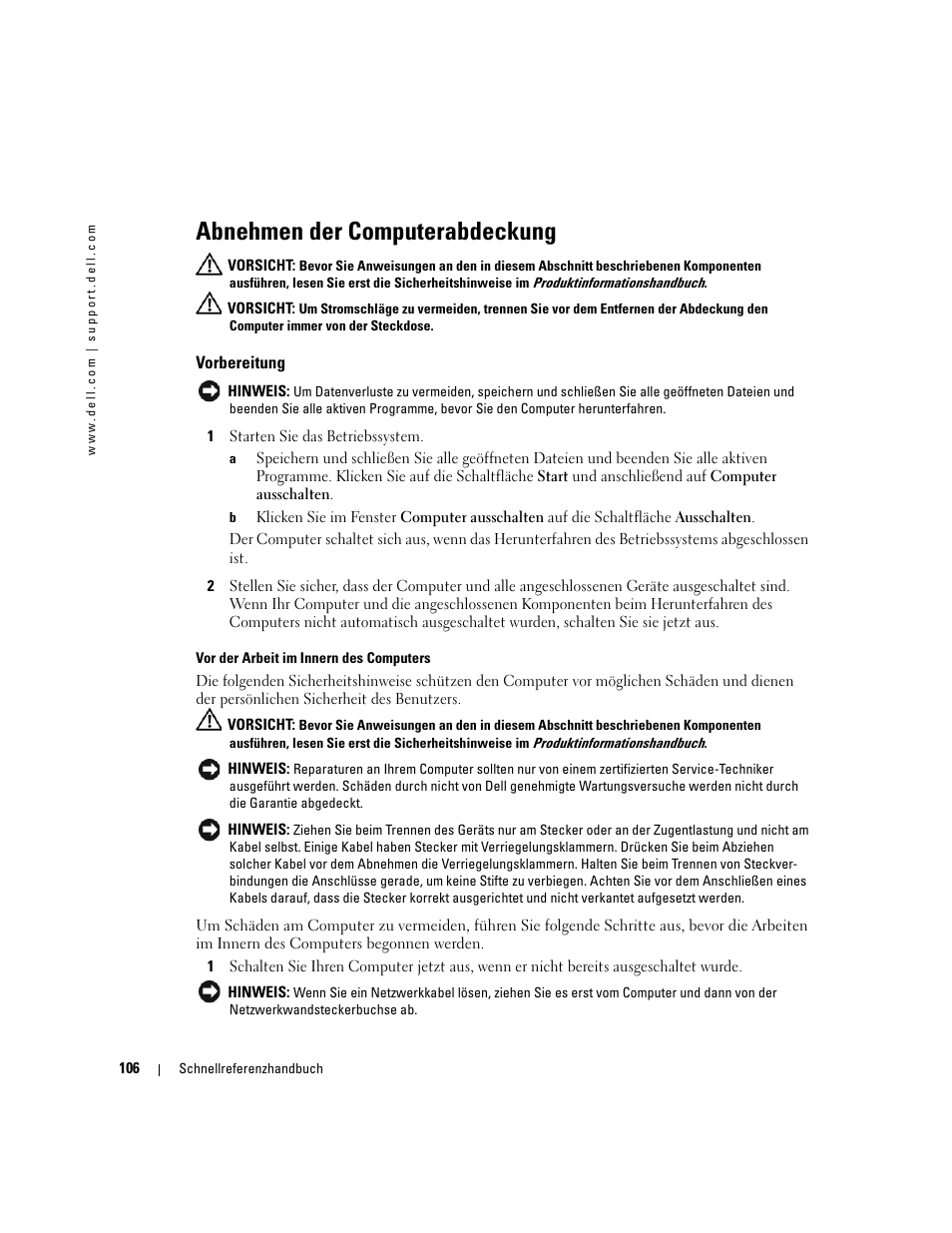 Abnehmen der computerabdeckung, Vorbereitung | Dell OptiPlex GX520 User Manual | Page 106 / 266