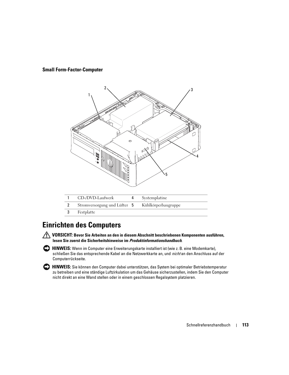 Small form-factor-computer, Einrichten des computers | Dell OptiPlex GX520 User Manual | Page 113 / 266