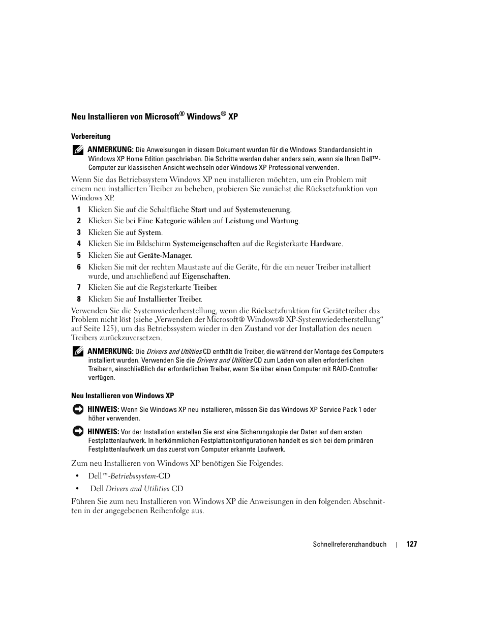 Neu installieren von microsoft® windows® xp, Neu installieren von microsoft | Dell OptiPlex GX520 User Manual | Page 127 / 266