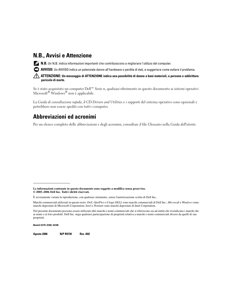N.b., avvisi e attenzione, Abbreviazioni ed acronimi | Dell OptiPlex GX520 User Manual | Page 134 / 266