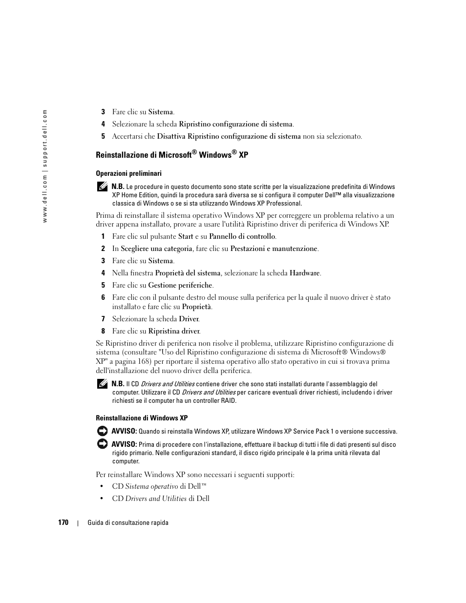 Reinstallazione di microsoft® windows® xp, Reinstallazione di microsoft | Dell OptiPlex GX520 User Manual | Page 170 / 266