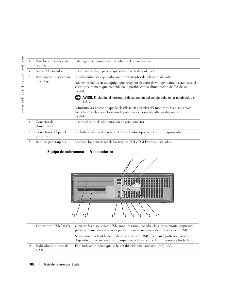 Equipo de sobremesa - vista anterior, Equipo de sobremesa — vista anterior | Dell OptiPlex GX520 User Manual | Page 188 / 266