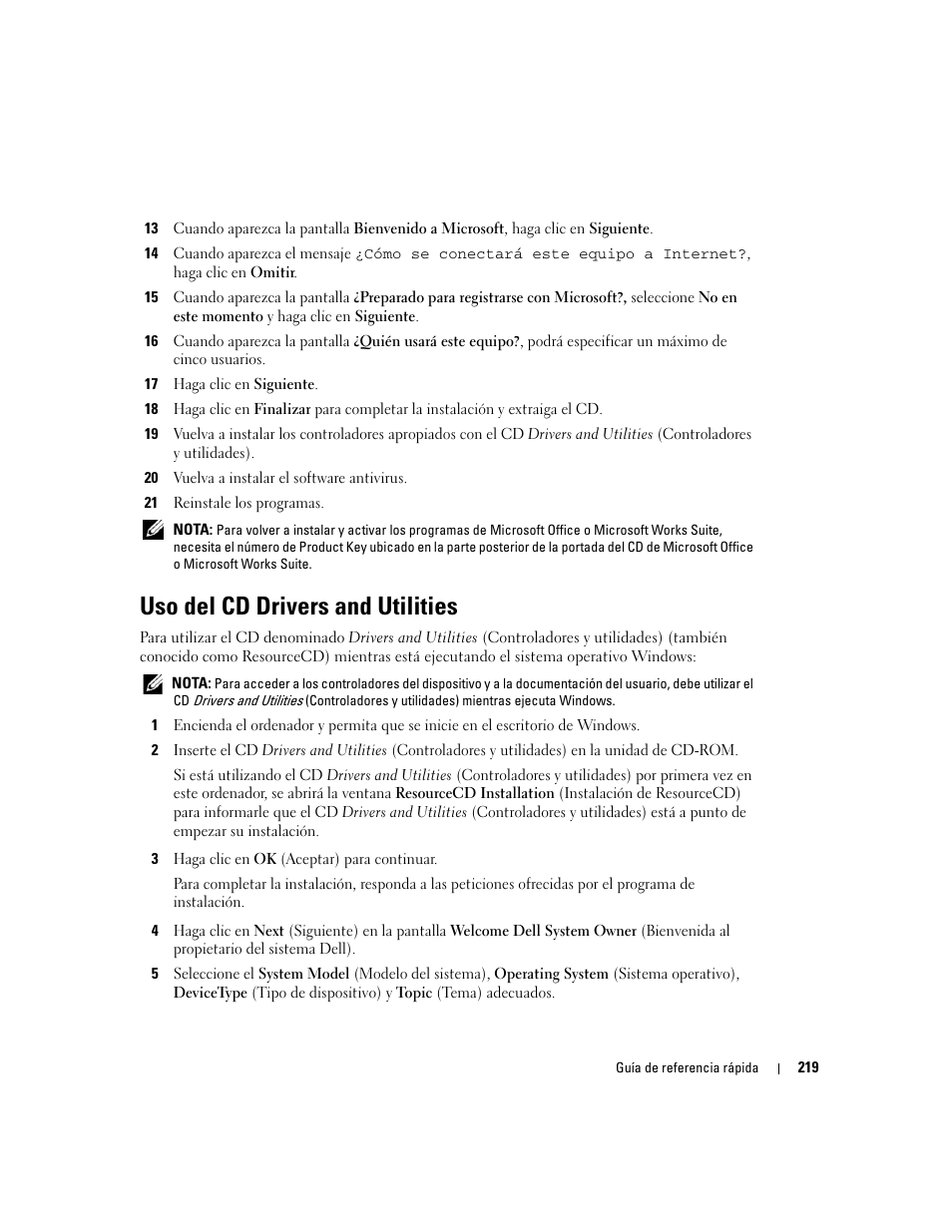 Uso del cd drivers and utilities | Dell OptiPlex GX520 User Manual | Page 219 / 266