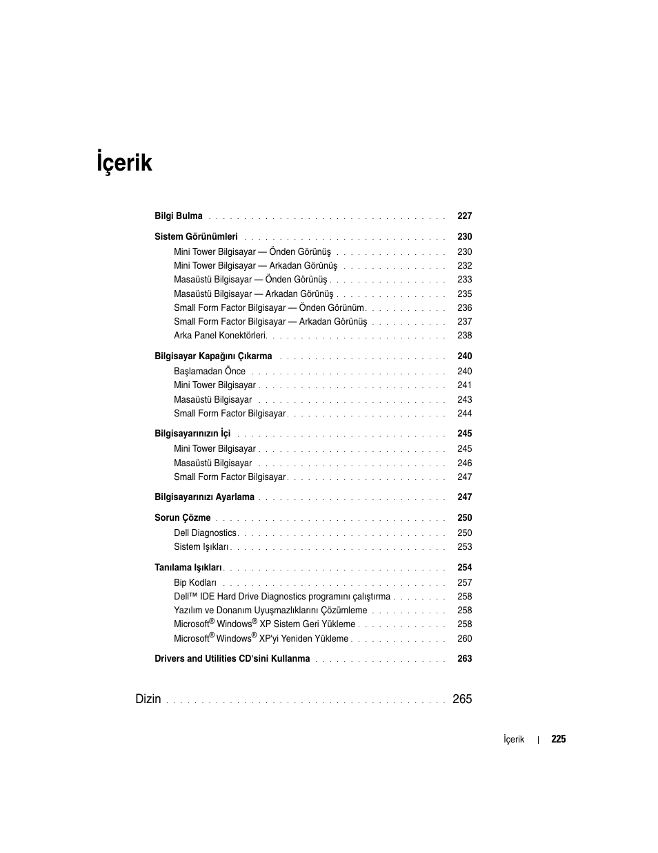 Içerik, I çerik, Dizin | Dell OptiPlex GX520 User Manual | Page 225 / 266