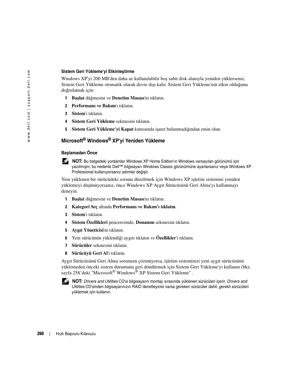 Microsoft® windows® xp'yi yeniden yükleme, Microsoft | Dell OptiPlex GX520 User Manual | Page 260 / 266