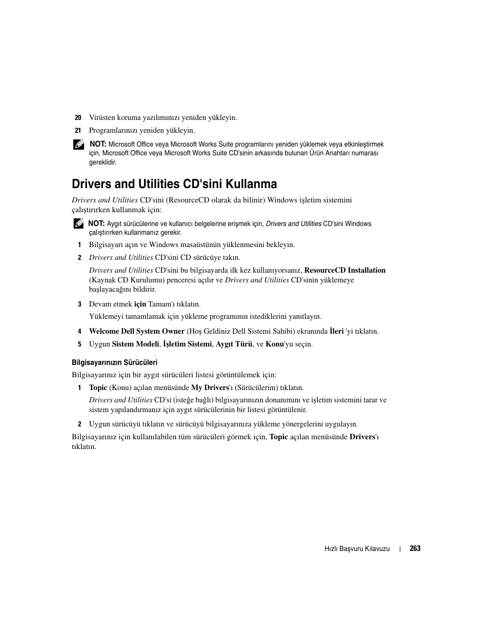 Drivers and utilities cd'sini kullanma | Dell OptiPlex GX520 User Manual | Page 263 / 266