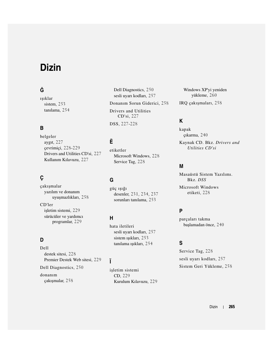 Dizin | Dell OptiPlex GX520 User Manual | Page 265 / 266