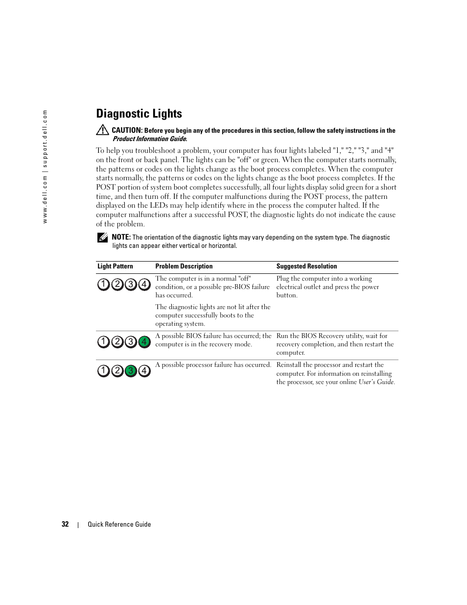 Diagnostic lights | Dell OptiPlex GX520 User Manual | Page 32 / 266