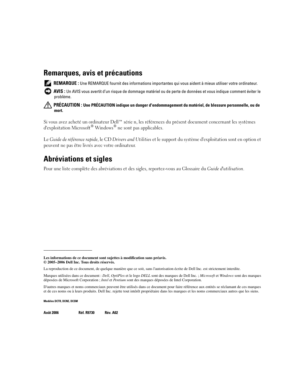 Remarques, avis et précautions, Abréviations et sigles | Dell OptiPlex GX520 User Manual | Page 46 / 266