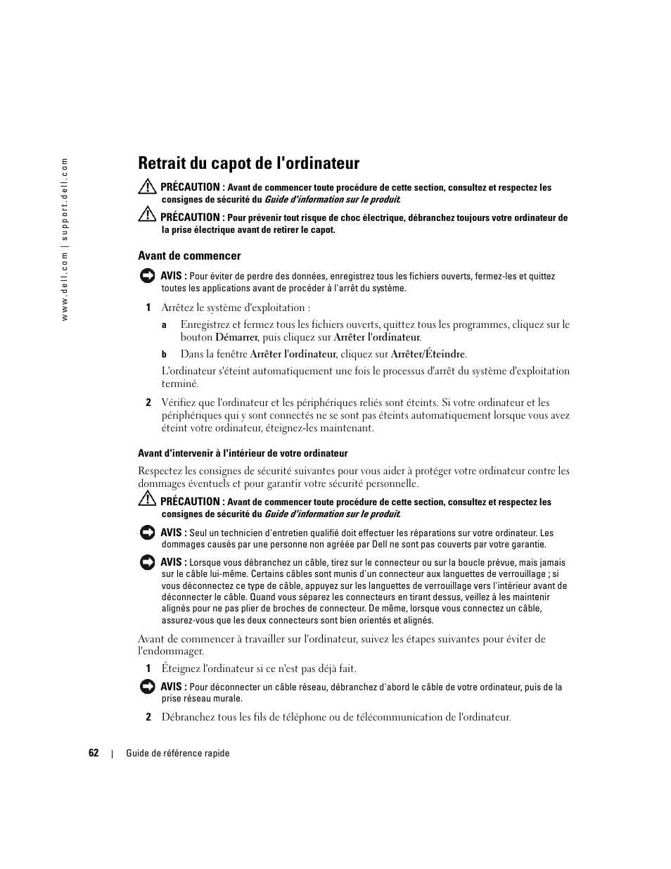 Retrait du capot de l'ordinateur, Avant de commencer | Dell OptiPlex GX520 User Manual | Page 62 / 266