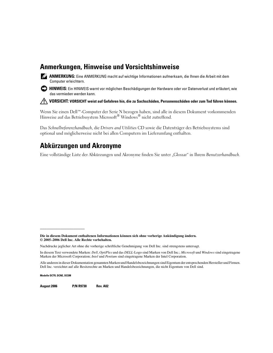 Anmerkungen, hinweise und vorsichtshinweise, Abkürzungen und akronyme | Dell OptiPlex GX520 User Manual | Page 90 / 266