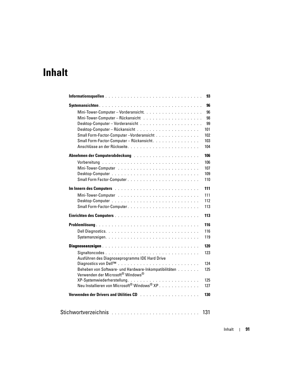 Inhalt, Stichwortverzeichnis | Dell OptiPlex GX520 User Manual | Page 91 / 266