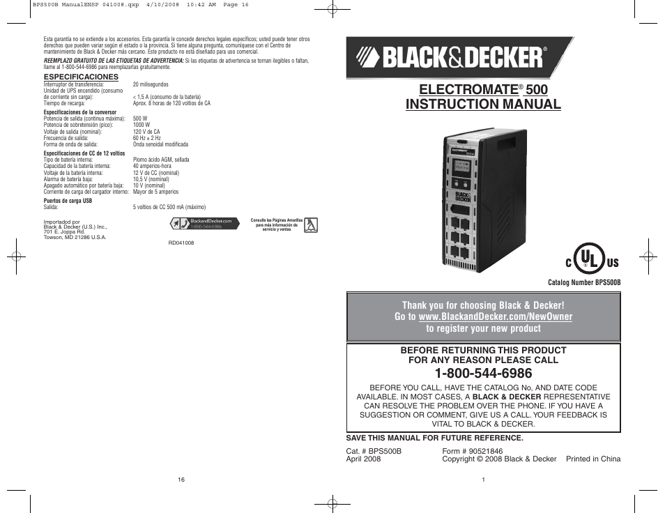 Black & Decker ELECTROMATE 500 User Manual | 8 pages
