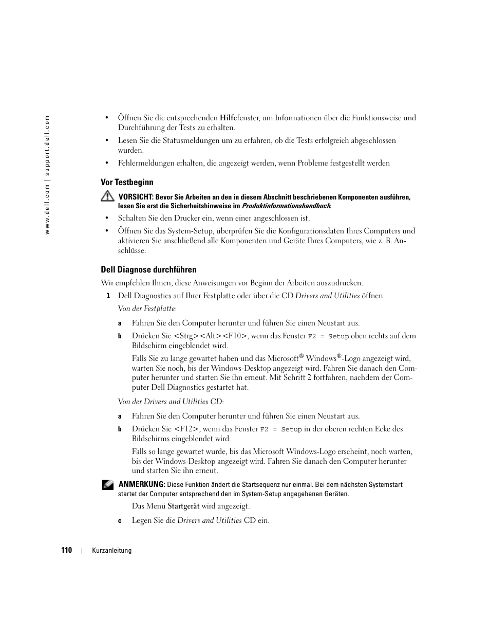 Vor testbeginn, Dell diagnose durchführen | Dell Precision 670 User Manual | Page 110 / 210