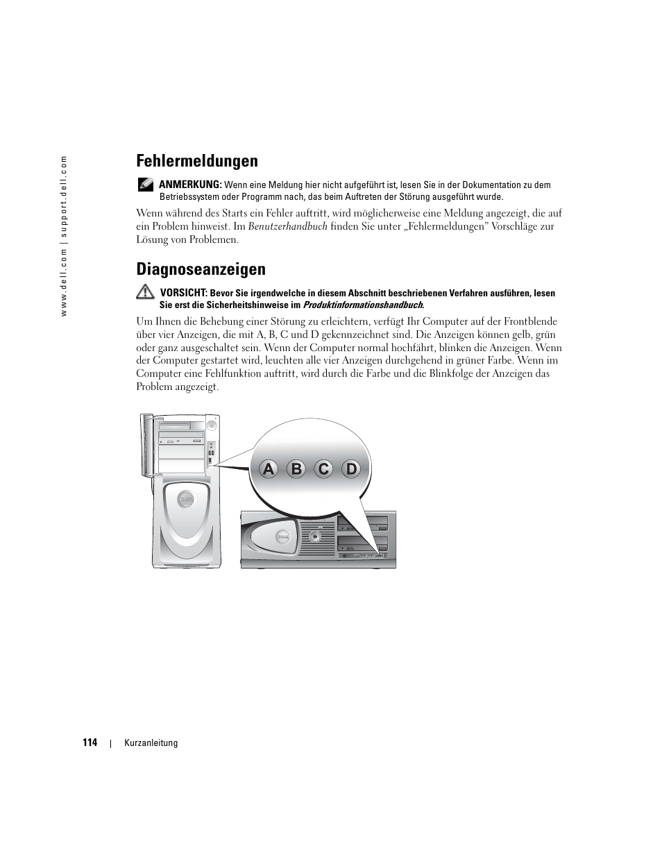 Fehlermeldungen, Diagnoseanzeigen | Dell Precision 670 User Manual | Page 114 / 210