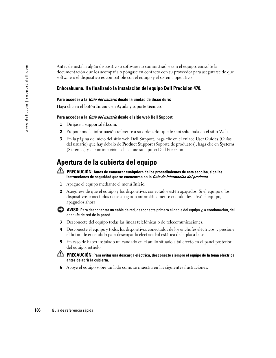 Apertura de la cubierta del equipo | Dell Precision 670 User Manual | Page 186 / 210