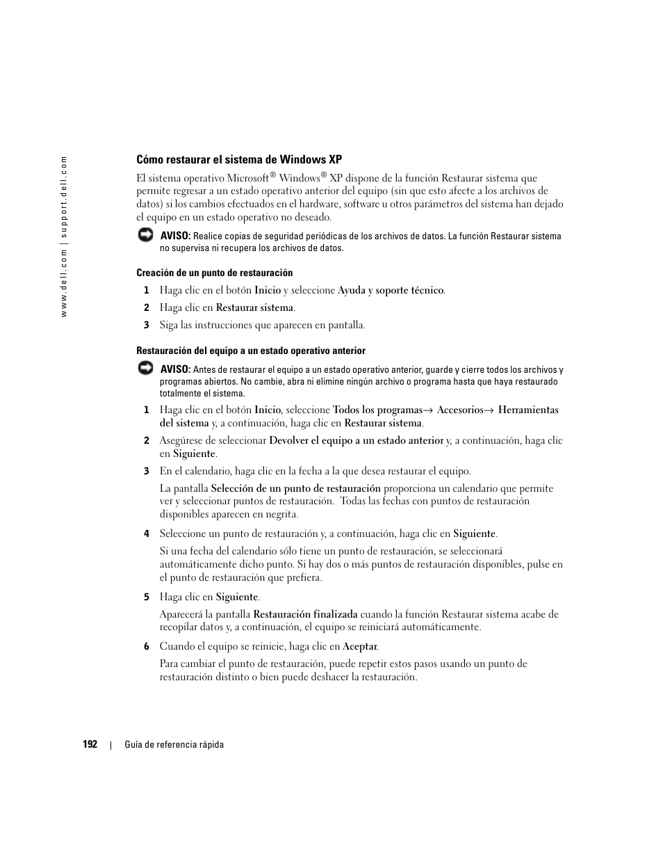 Cómo restaurar el sistema de windows xp | Dell Precision 670 User Manual | Page 192 / 210