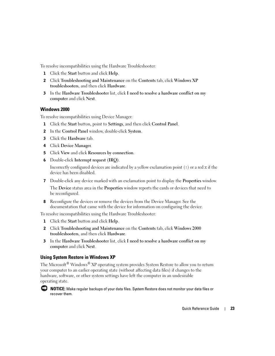 Windows 2000, Using system restore in windows xp | Dell Precision 670 User Manual | Page 23 / 210