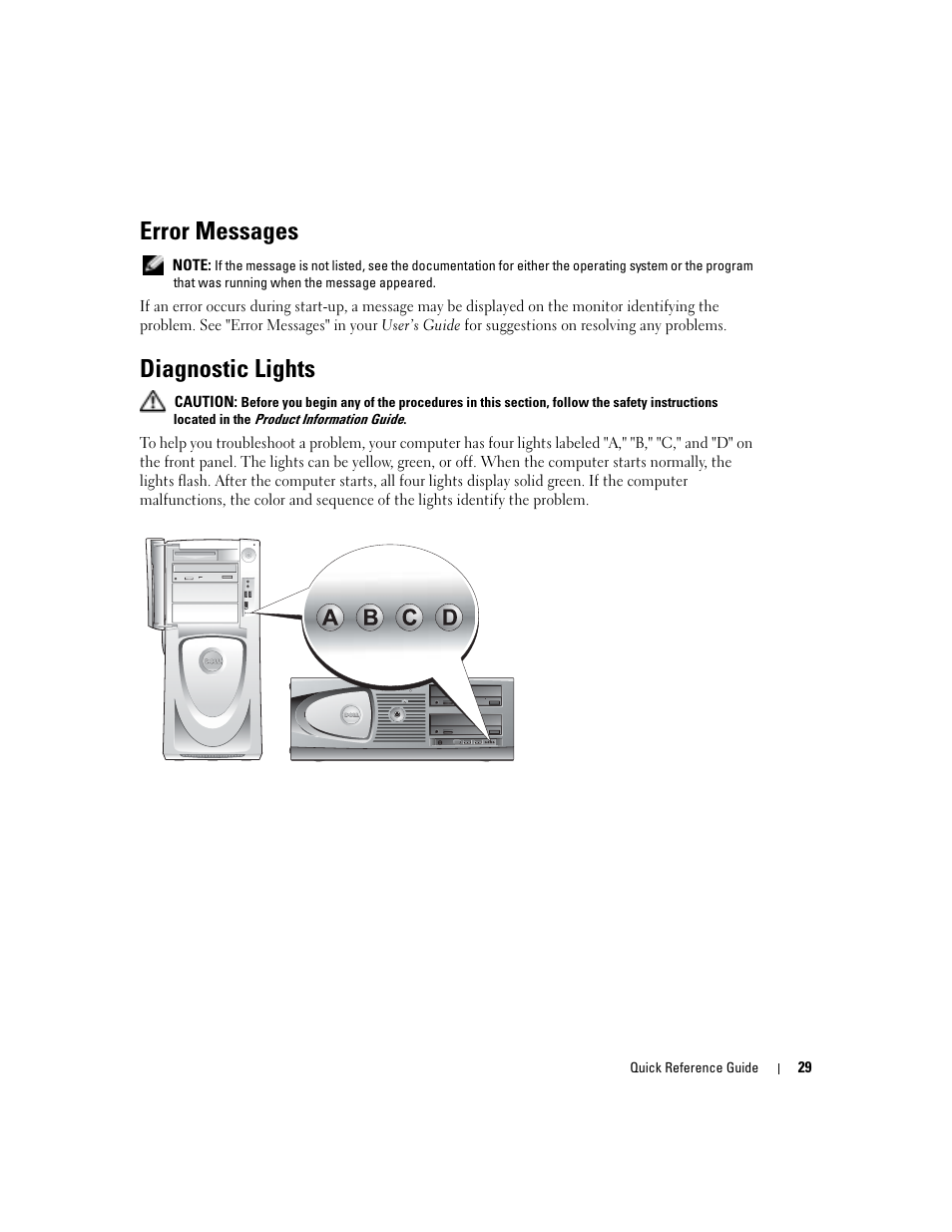 Error messages, Diagnostic lights | Dell Precision 670 User Manual | Page 29 / 210