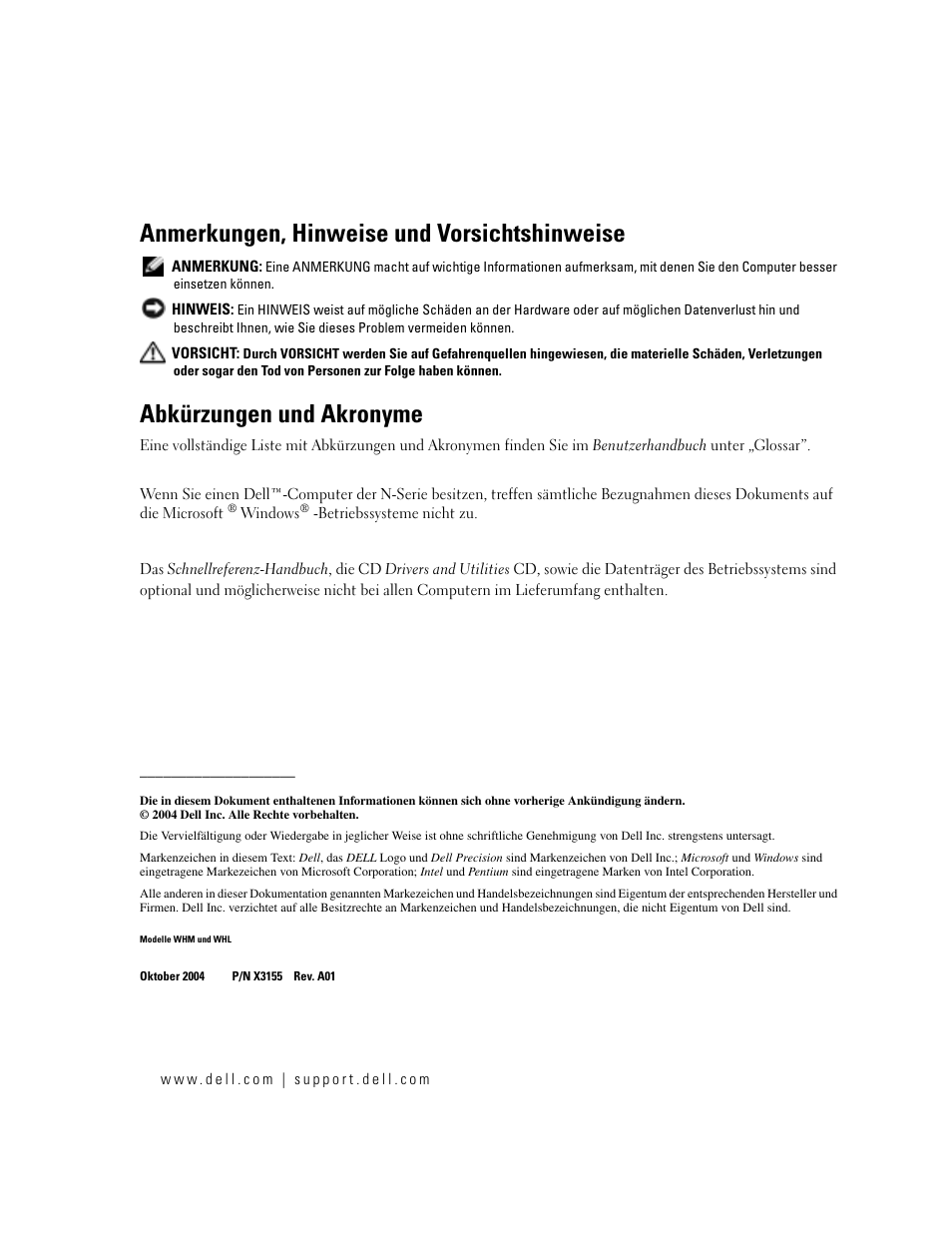 Anmerkungen, hinweise und vorsichtshinweise, Abkürzungen und akronyme | Dell Precision 670 User Manual | Page 86 / 210