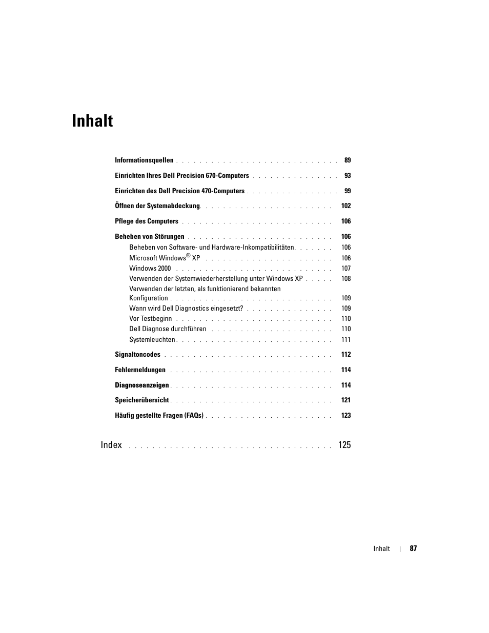 Inhalt, Index | Dell Precision 670 User Manual | Page 87 / 210
