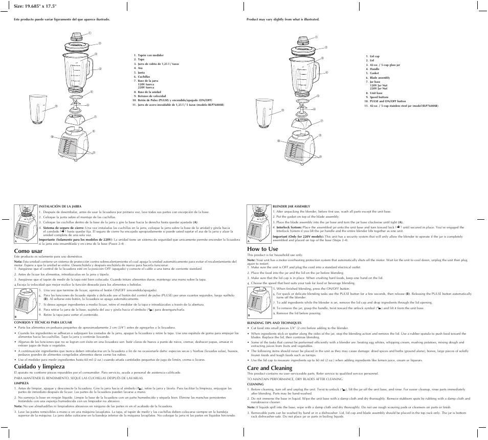 How to use, Care and cleaning, Como usar | Cuidado y limpieza | Black & Decker BLP7600G User Manual | Page 2 / 2