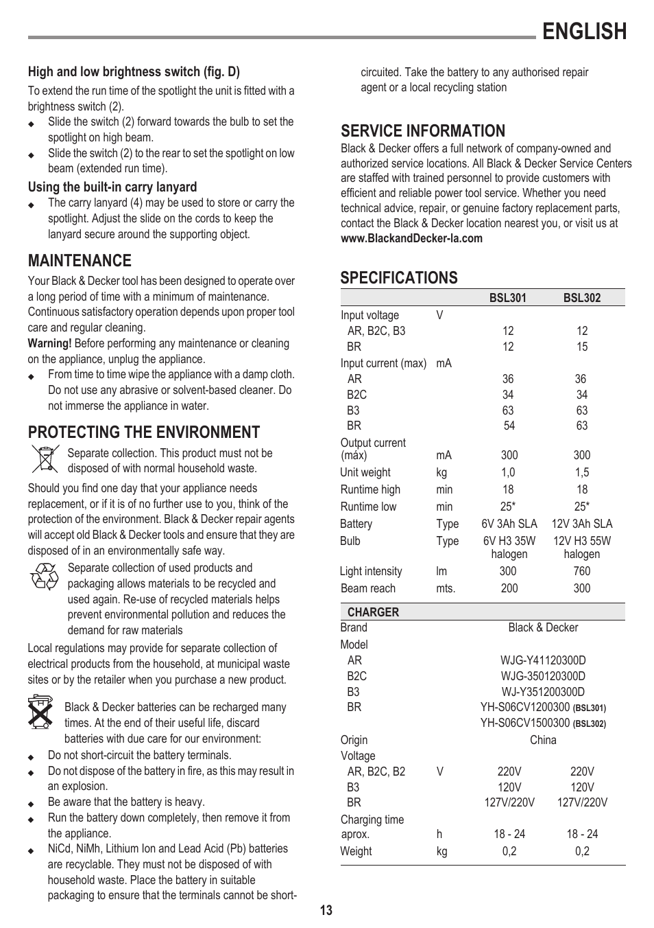 English, Maintenance, Protecting the environment | Service information, Specifications | Black & Decker BSL301 User Manual | Page 13 / 14