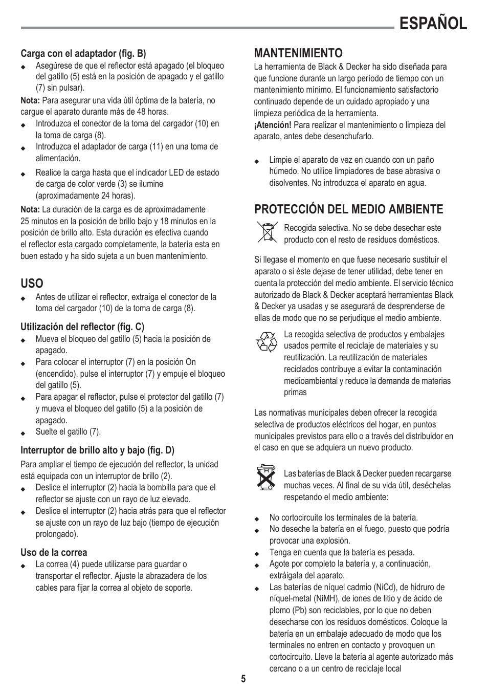 Español, Mantenimiento, Protección del medio ambiente | Black & Decker BSL301 User Manual | Page 5 / 14