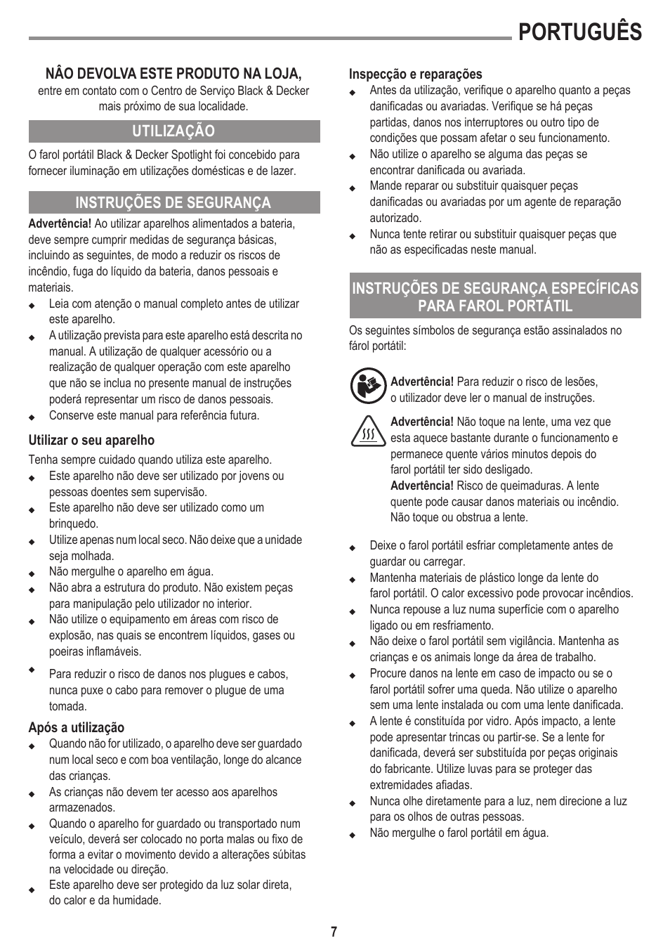 Português | Black & Decker BSL301 User Manual | Page 7 / 14