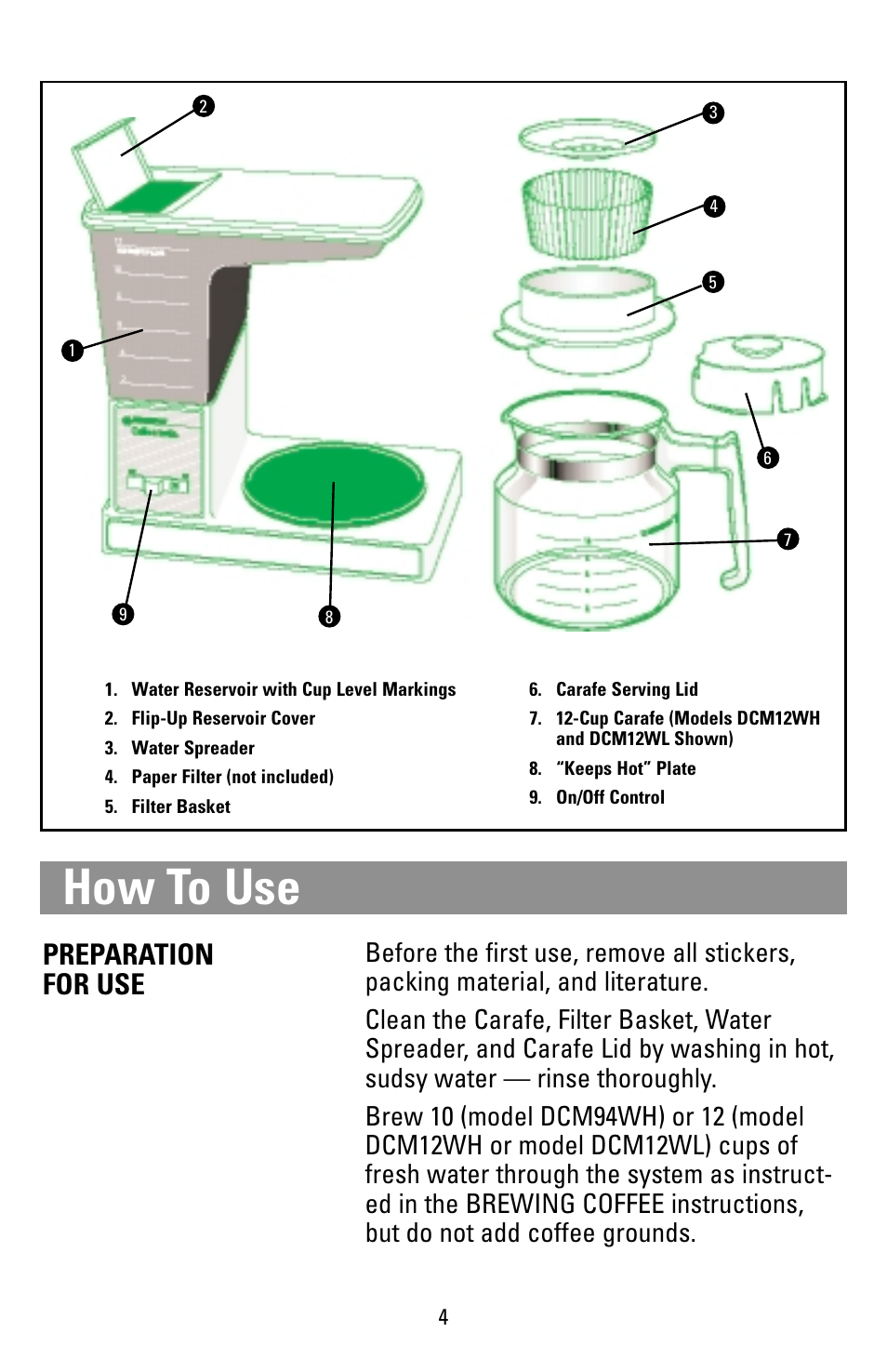 How to use, Preparation for use | Black & Decker DCM12WH User Manual | Page 4 / 12