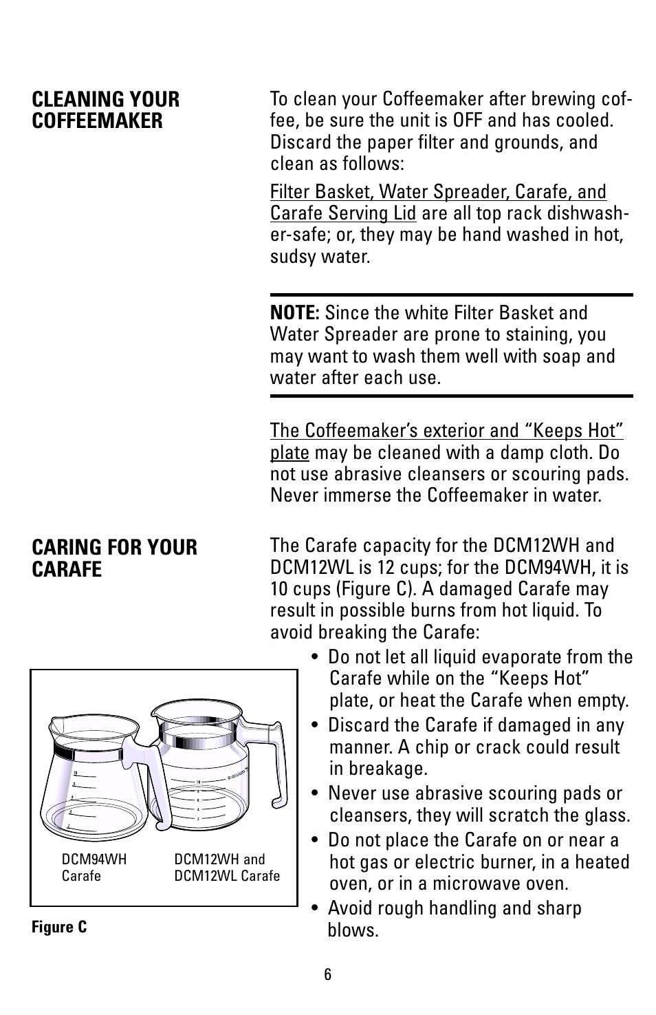 Cleaning, Caring for your carafe, Cleaning your coffeemaker | Black & Decker DCM12WH User Manual | Page 6 / 12