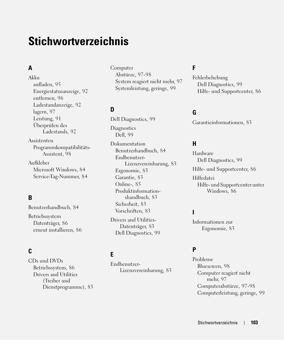 Stichwortverzeichnis | Dell Latitude D830 (Early 2007) User Manual | Page 103 / 156