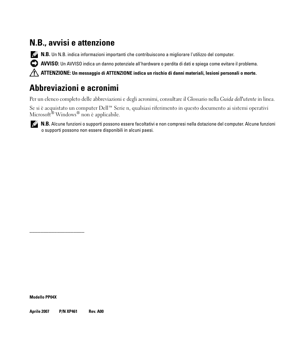 N.b., avvisi e attenzione, Abbreviazioni e acronimi | Dell Latitude D830 (Early 2007) User Manual | Page 106 / 156