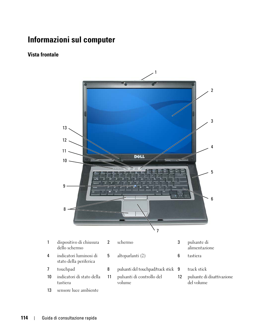 Informazioni sul computer, Vista frontale | Dell Latitude D830 (Early 2007) User Manual | Page 114 / 156