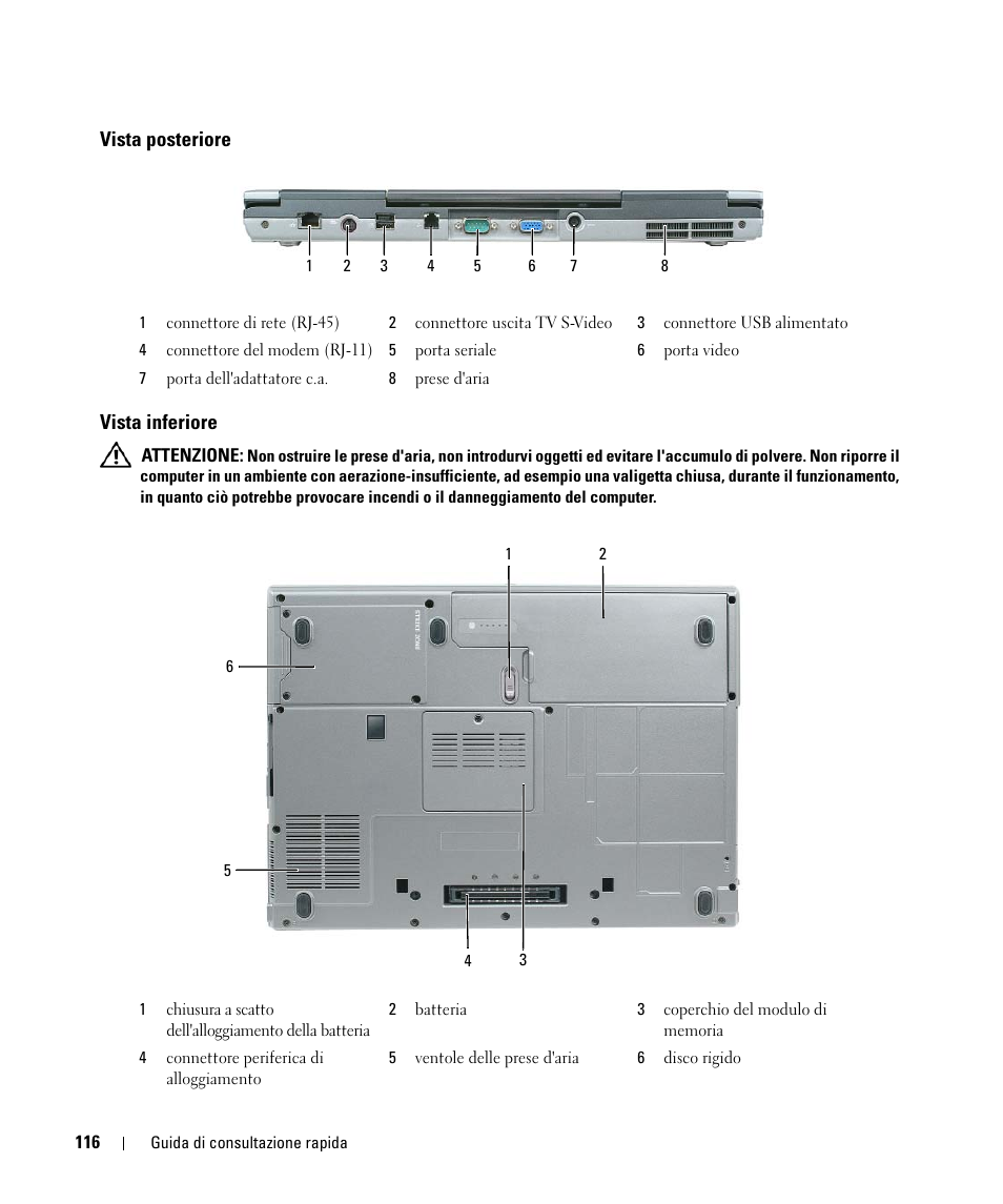 Vista posteriore, Vista inferiore, Vista posteriore vista inferiore | Dell Latitude D830 (Early 2007) User Manual | Page 116 / 156