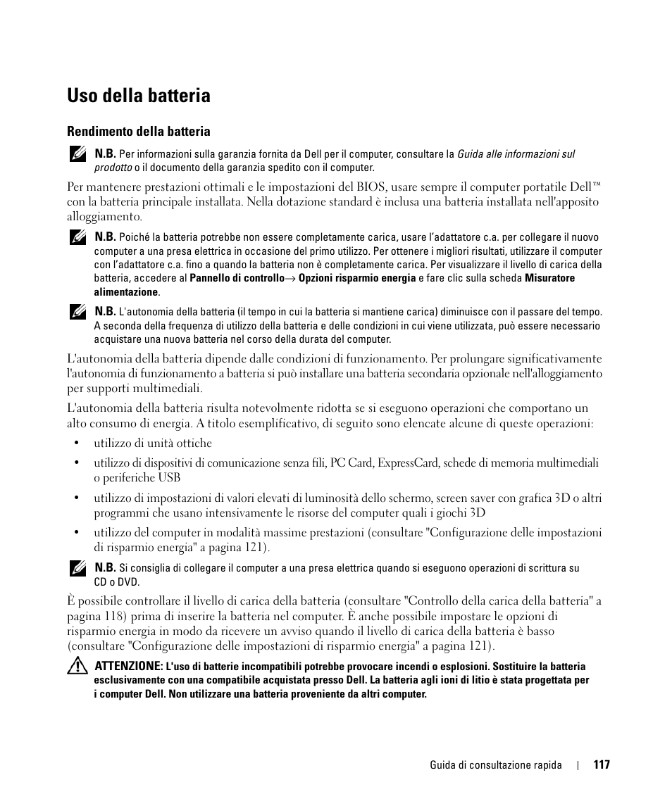 Uso della batteria, Rendimento della batteria | Dell Latitude D830 (Early 2007) User Manual | Page 117 / 156