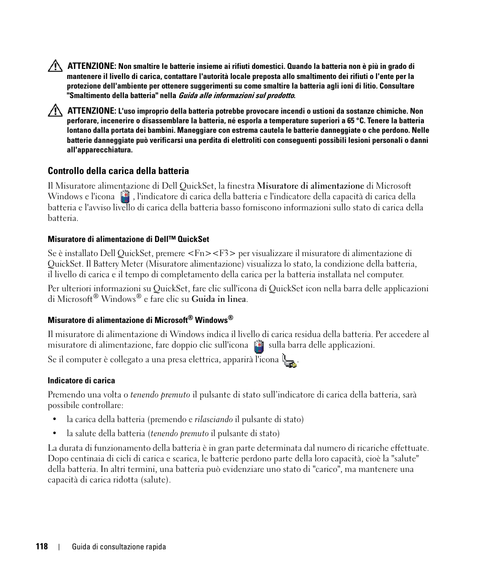 Controllo della carica della batteria | Dell Latitude D830 (Early 2007) User Manual | Page 118 / 156