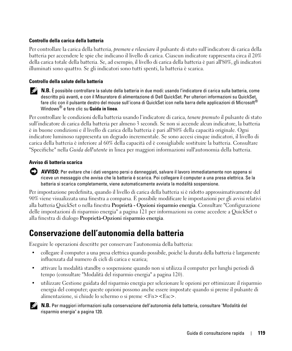 Conservazione dell’autonomia della batteria | Dell Latitude D830 (Early 2007) User Manual | Page 119 / 156