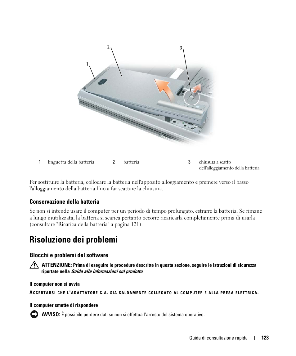 Conservazione della batteria, Risoluzione dei problemi, Blocchi e problemi del software | Dell Latitude D830 (Early 2007) User Manual | Page 123 / 156