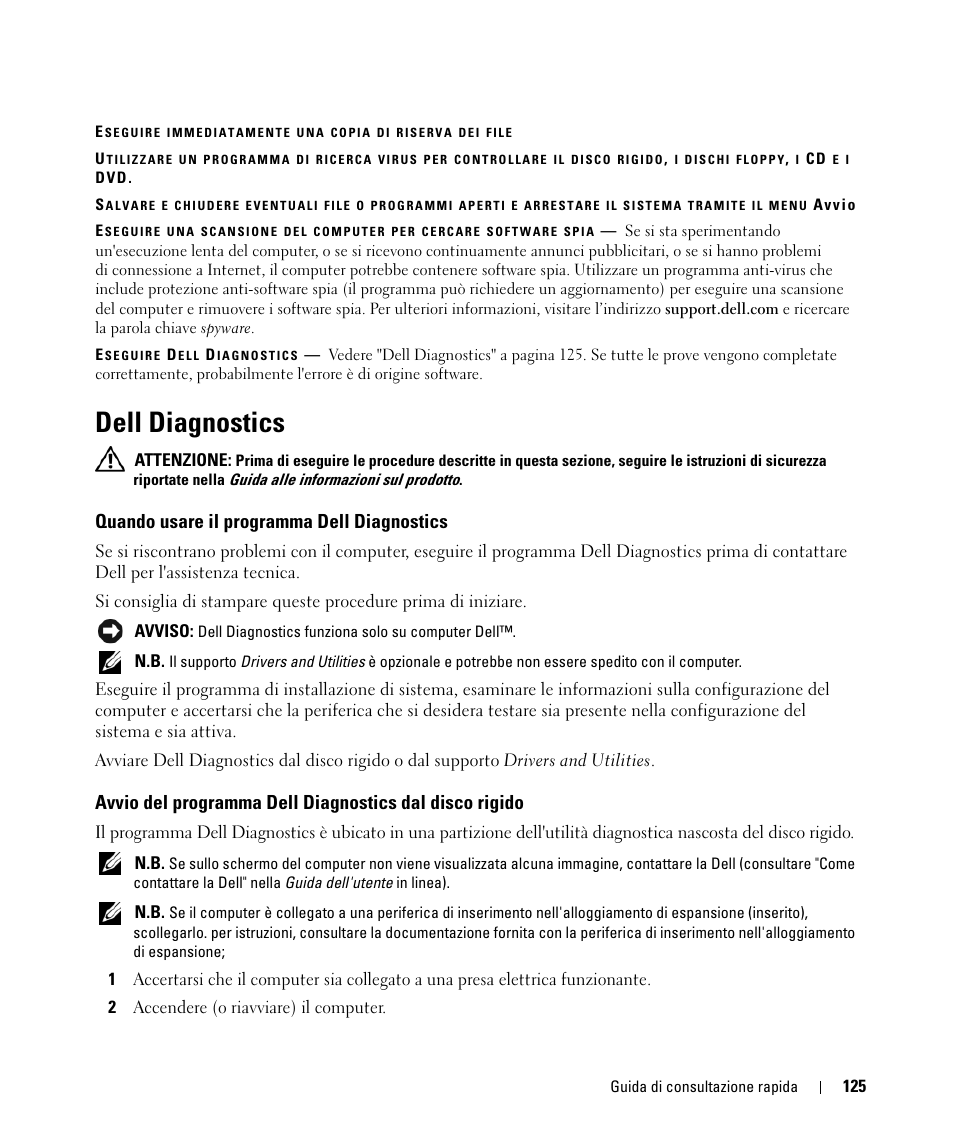 Dell diagnostics, Quando usare il programma dell diagnostics | Dell Latitude D830 (Early 2007) User Manual | Page 125 / 156