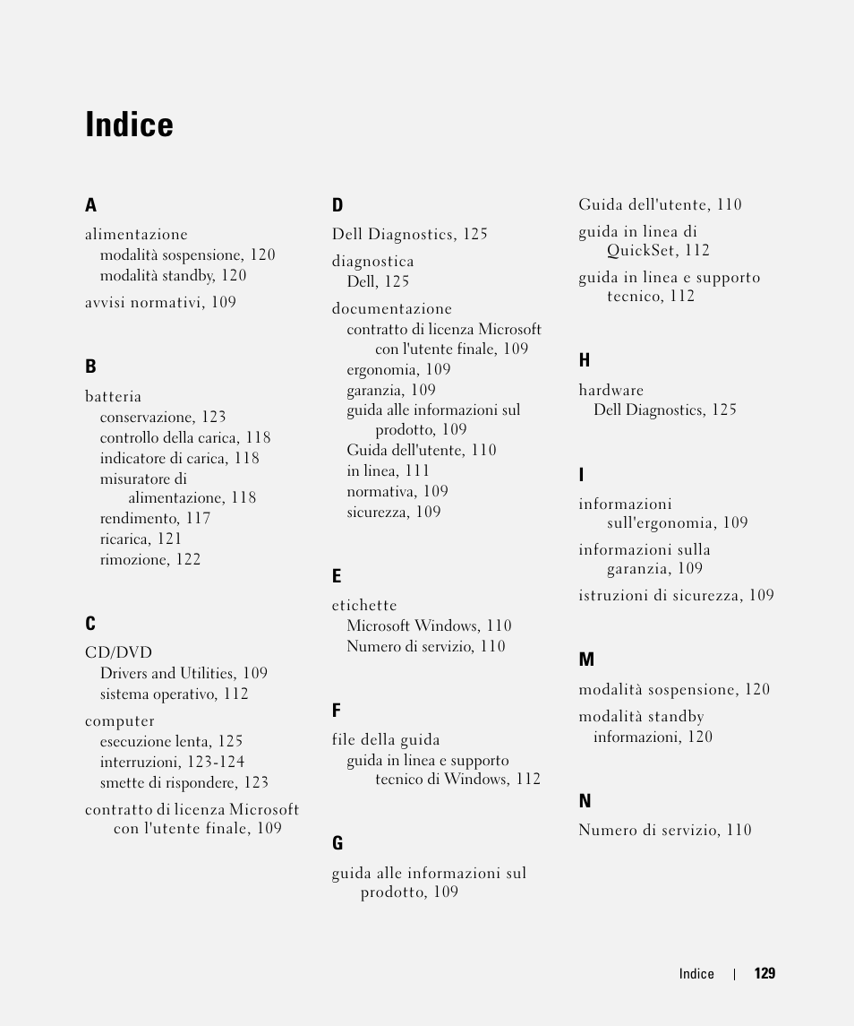 Indice analitico, Indice | Dell Latitude D830 (Early 2007) User Manual | Page 129 / 156