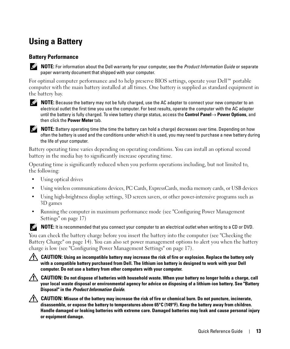Using a battery, Battery performance | Dell Latitude D830 (Early 2007) User Manual | Page 13 / 156