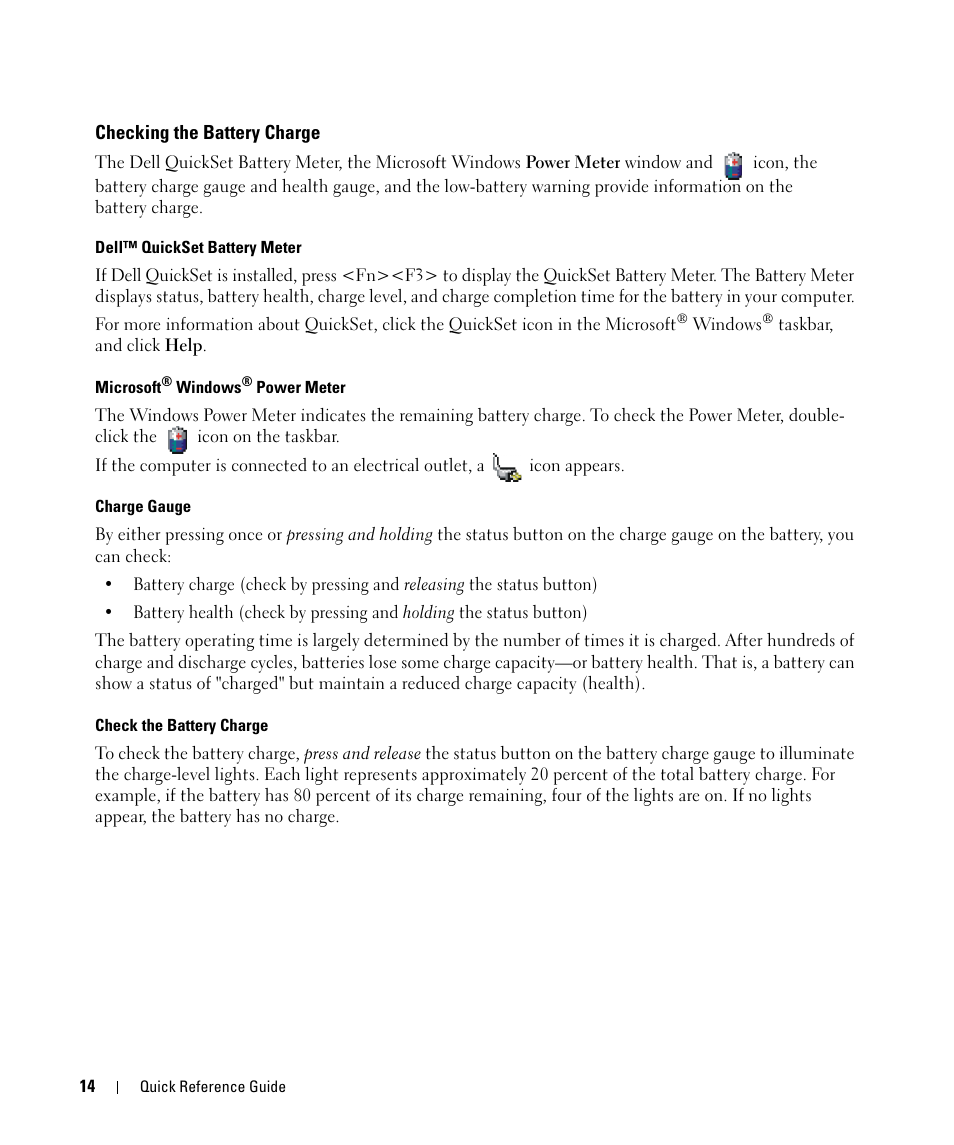 Checking the battery charge | Dell Latitude D830 (Early 2007) User Manual | Page 14 / 156