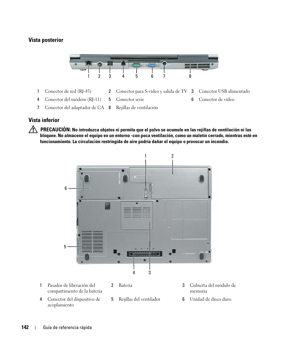 Vista posterior, Vista inferior, Vista posterior vista inferior | Dell Latitude D830 (Early 2007) User Manual | Page 142 / 156