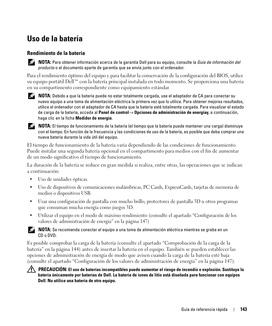 Uso de la batería, Rendimiento de la batería | Dell Latitude D830 (Early 2007) User Manual | Page 143 / 156