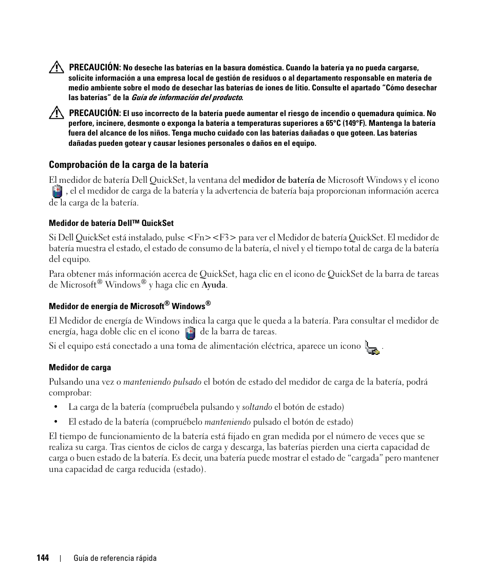 Comprobación de la carga de la batería | Dell Latitude D830 (Early 2007) User Manual | Page 144 / 156