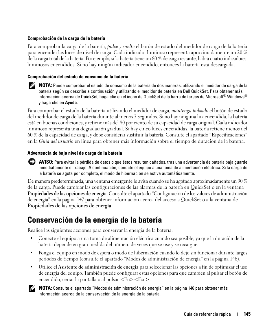 Conservación de la energía de la batería | Dell Latitude D830 (Early 2007) User Manual | Page 145 / 156