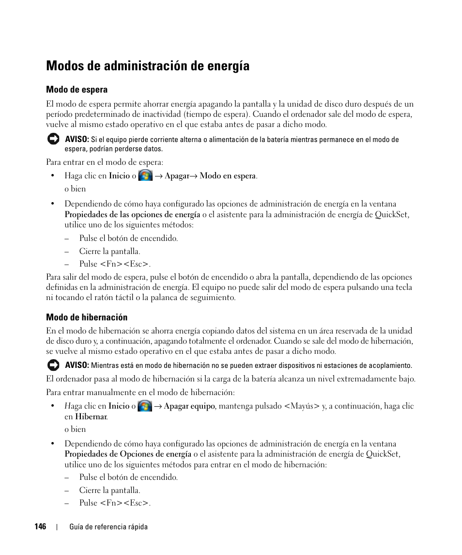 Modos de administración de energía, Modo de espera, Modo de hibernación | Dell Latitude D830 (Early 2007) User Manual | Page 146 / 156